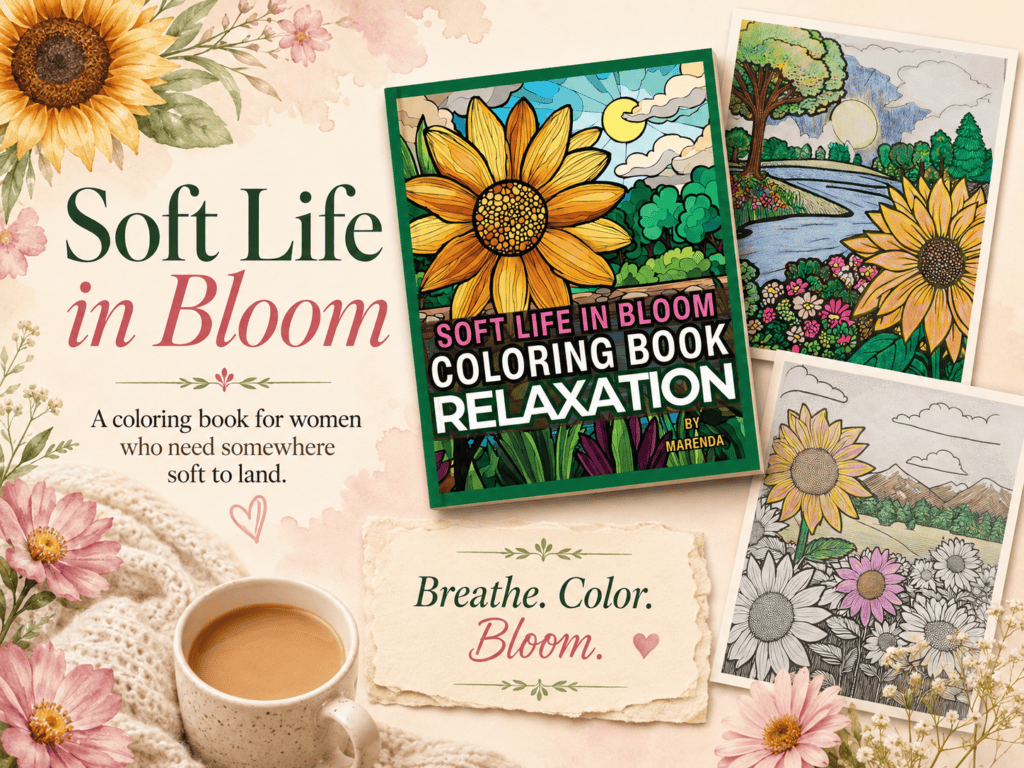 Soft Life in Bloom adult coloring book cover by Marenda Hughes Taylor
