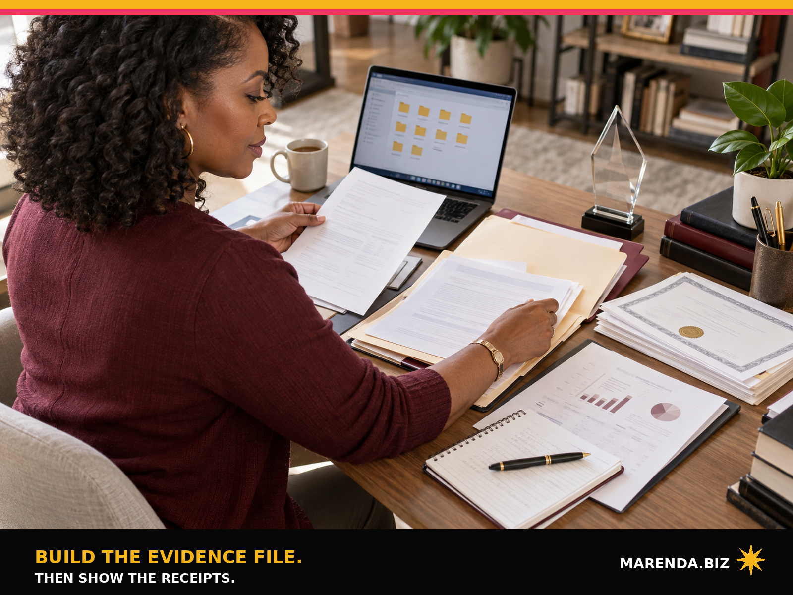 Black professional organizing performance reviews, certificates, project notes, and résumé evidence